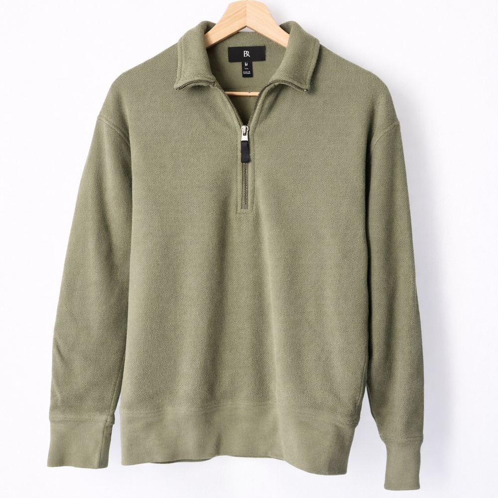 Banana Republic Terry Half Zip Pullover Mens M Tall Olive Green Cotton Sweater